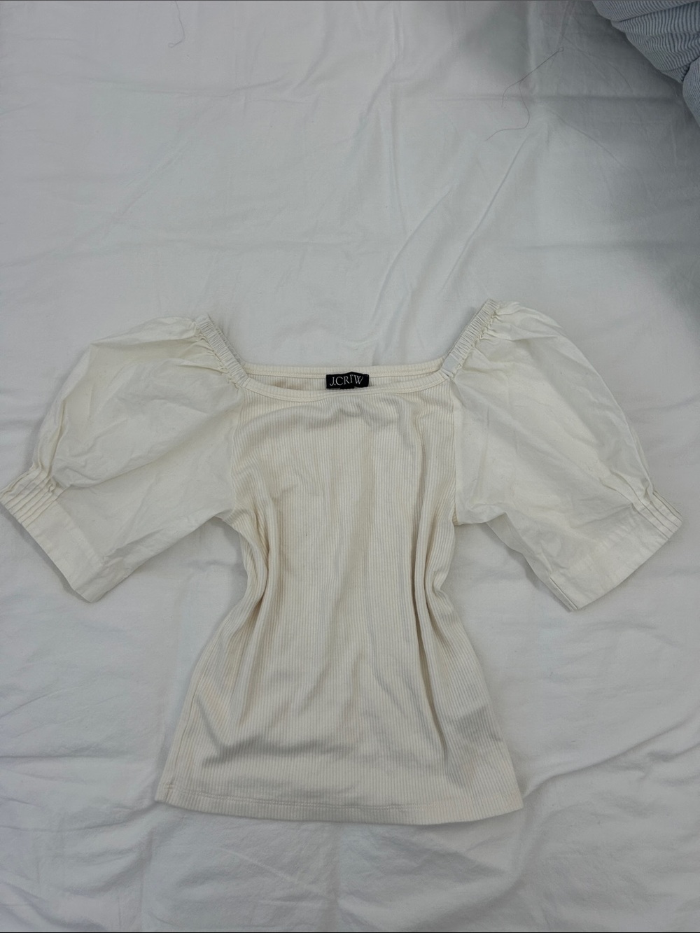 J. Crew Cream Ribbed Puff-Sleeve Square Neck Top
